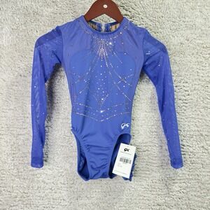 NWT GK Elite Girls Competition‎ Leotard CL Blue White Long Sleeve Swarovski Mesh